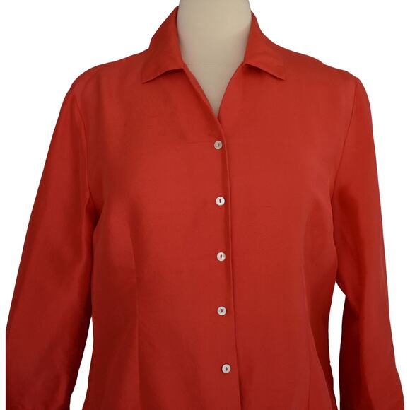 90s Dupioni Silk Blouse, Bracelet Length Sleeve Blouse, Red Minimalist Shirt, L - Picture 3 of 6